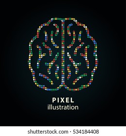 Brain - pixel icon. Vector Illustration. Design logo element. Isolated on black background. It is easy to change to any color.