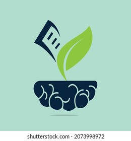 Brain with plant and book logo concept. Organic education brain template design.