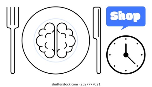 Um cérebro é banhado com um garfo e uma faca ao lado dele, um relógio e uma bolha de fala com a palavra Shop. Ideal para alimentação, saúde, gerenciamento de tempo, compras e produtividade. Minimalista, moderno, conceitual