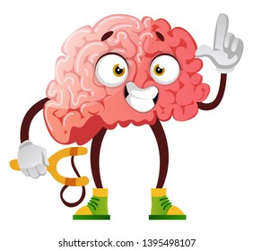 Brain is playing with slingshot, illustration, vector on white background.