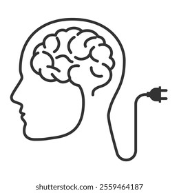 Brain plugged into a socket. Concept of artificial intelligence. Editable vector lines. Merging human intelligence and technology, development of artificial intelligence and cybernetic systems.