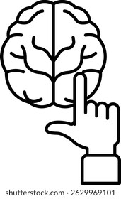 A brain with a pointer finger pointing at it. The brain is white and the pointer finger is black