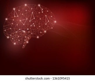 Brain from polygon mesh, with light points. Line network on red and black gradient background. Health or technology concept.