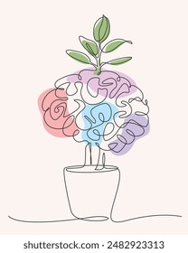 Brain in a pot with plants growing one line drawing. Brain in a pot with plants growing single line illustration. Brain in a pot with plants growing minimalist line art