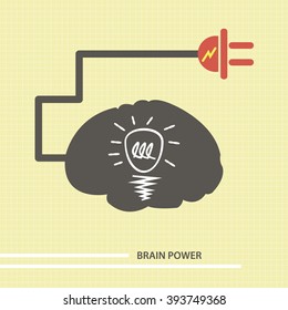 Brain power art with red plug icon and yellow bolt concept illustration