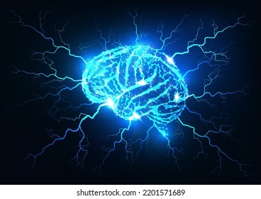 Brain power, brainstorming, thinking concept with brain and lightnings, electric impulses on blue