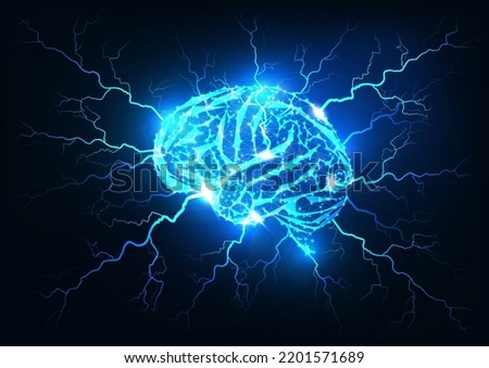 Brain power, brainstorming, thinking concept with brain and lightnings, electric impulses on blue