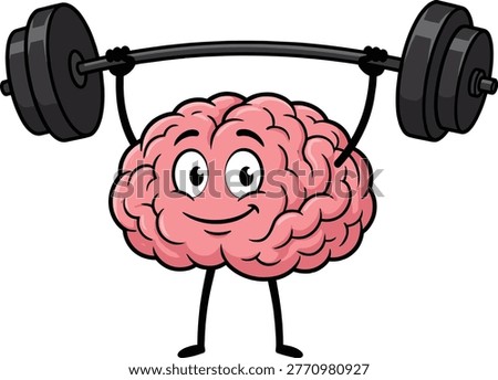 Brain power cartoon icon, mental strength, cognitive fitness, smiling brain, barbell lifting, educational, motivational, black vector graphics