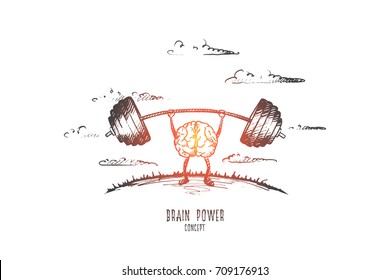 Brain power concept. Hand drawn brain as powerful muscle. Exercise for head isolated vector illustration.