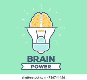 Brain power concept on green background with title. Vector illustration of big light bulb with yellow human brain. Thin line art design for web, site, banner, poster, business presentation