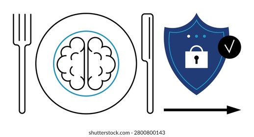 Brain power concept. Symbolic of mental health and data security interconnected through shield icon and arrow. Brainpower enhancing digital safety strategies. For psychology, cybersecurity, digital