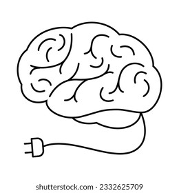 Brain and power cord. The concept of recharging the brain, energy, strength. Vector illustration icon isolated on white background.