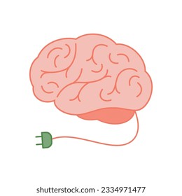 Brain and power cord. The concept of recharging the brain, energy, strength. Vector illustration isolated on white background.