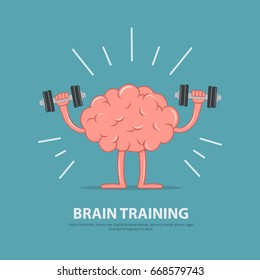 Brain power. Brain exercise. Cartoon brain character lifting dumbbells. Education concept. Vector illustration in flat style.
