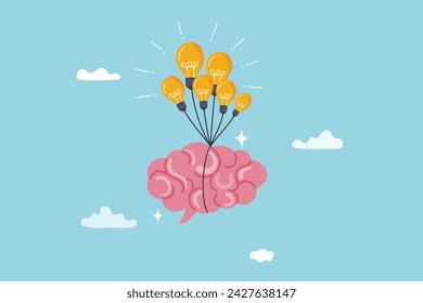 Brain power, idea or creativity to help success, intelligence knowledge or wisdom, innovation or imagination for thinking to develop idea concept, smart human brain fly with lightbulb idea balloons.