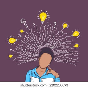 Brain power illustration with portrait of woman thinking ideas and questions