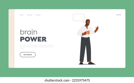 Brain Power Landing Page Template. Black Man Stand with Cup and Speech Bubble. Character Brainstorm, Coffee Break, Gossips, Discussion, Communication in Office. Cartoon People Vector Illustration