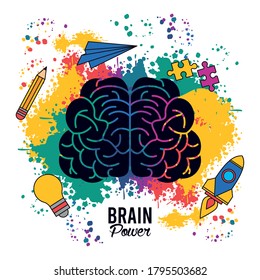 brain power poster with colors splash and set creative icons vector illustration design