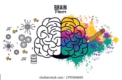 brain power poster with colors splash and set items vector illustration design