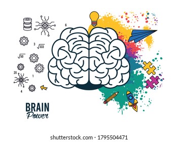 afiche de potencia cerebral con colores salpicados y set suministros de diseño de ilustración vectorial
