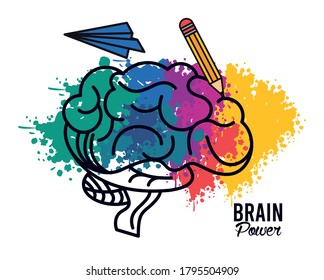 brain power poster with pencil and airplane vector illustration design