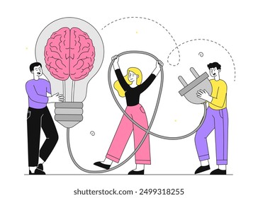 Interruptor de energía cerebral. Hombre y mujer con enchufe eléctrico cerca del cerebro. Metáfora de la Asistencia mental y psicológica. Creatividad y lluvia de ideas. Ilustración vectorial lineal aislada sobre fondo blanco