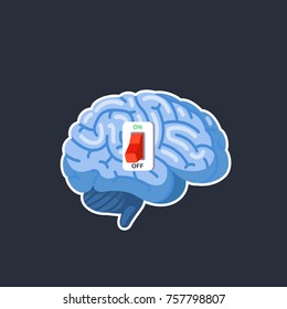 Brain power switch, off does not work, sleeps. Modern flat style thin line vector illustration isolated on dark background.