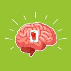 Brain power switch, turned on works fine, awake. Modern flat style thin line vector illustration isolated on green background.