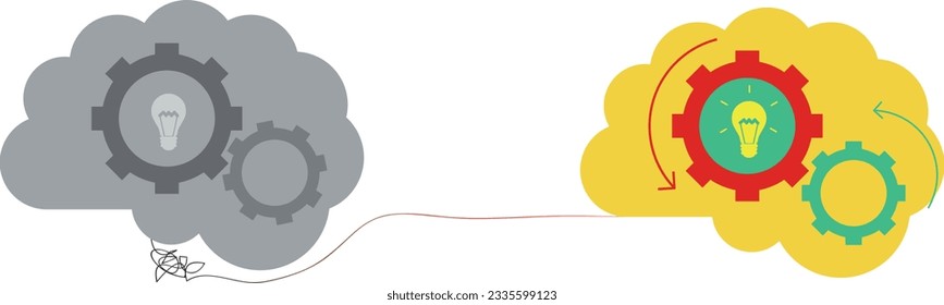 Brain power switch, turned on working fine, awake. Switch off negative thinking concept. Illustration isolated on white background.