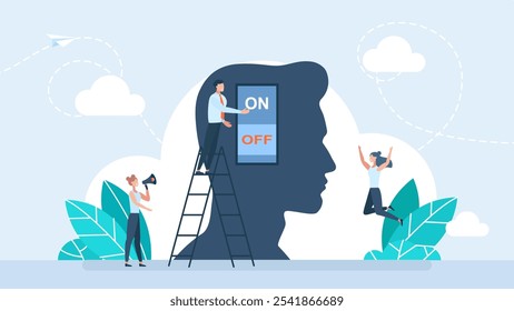 Brain power switch, turned on works fine, awake. Turn on brain to think, creativity and thought. Smart thinking  and mindset. Wisdom, knowledge concept. Mentorship. Vector illustration  