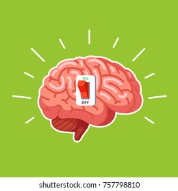 Brain power switch, turned on works fine, awake. Modern flat style thin line vector illustration isolated on green background.