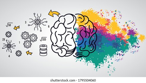 brain power template with colors splash and set items vector illustration design