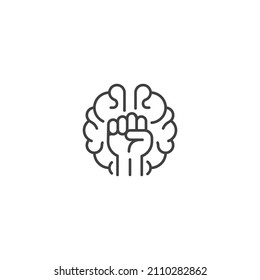 Brain power, willpower, strong mind concept, raised hand fish with brain. Vector icon logo template