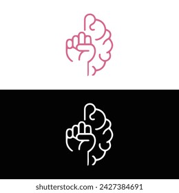 Brain power, willpower, strong mind concept, raised hand fish with brain. Vector icon logo template
