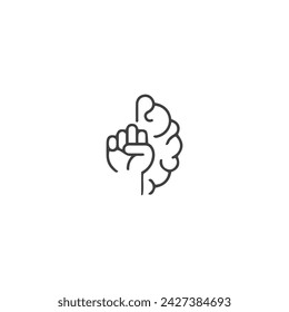 Poder cerebral, fuerza de voluntad, concepto de mente fuerte, pez de mano levantado con cerebro. Plantilla de logotipo de icono vectorial