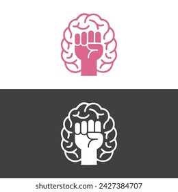 Brain power, willpower, strong mind concept, raised hand fish with brain. Vector icon logo template