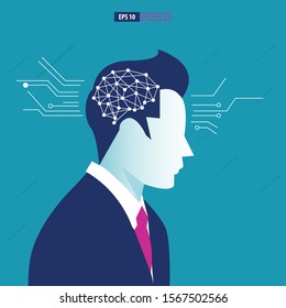 Brain with printed circuit board design and businessman representing artificial intelligence (AI) and neural networks. Business Vector Illustration