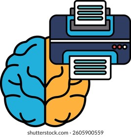 A brain and a printer are shown together. The brain is blue and orange, and the printer is black. Concept of technology and the human brain working together to create and process information