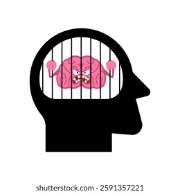 Brain in prison. Brains in a head cage. Thoughts in captivity concept. Thinking limitation concept