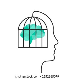 Brain as prisoner inside a cage and human head silhouette with face outline concept. Mind imprisoned behind bars as mental prison, feeling trapped, lack of awareness or thinking difficulty symbol.