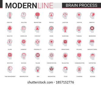Brain process flat thin red black line icons vector illustration set with human mind processing in learning, brainstorm thinking or searching success idea, empathy and social psychology, creativity