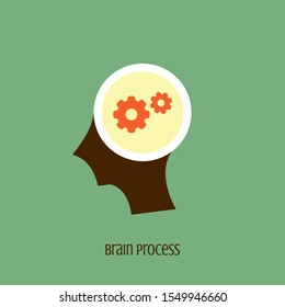 Brain process icon concept with gears inside in the drawing of human brain isolated on green background, vector and illustration.