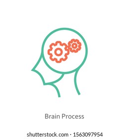 Brain process icon concept with gears inside in the drawing of human brain isolated on white  background, vector and illustration.