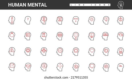 Brain processes inside abstract human head, thin red and black line icons set vector illustration. Mental health and education, emotions and imagination symbols of personality, psychology collection
