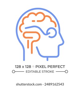 Icono de línea de dos colores. Ojo de percepción. Procesamiento de información, función cognitiva bicolor símbolo de contorno. Pictograma lineal de duotono. Ilustración aislada Trazo editable