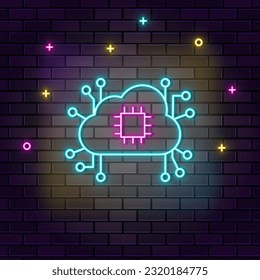 Brain, processor, cloud, network icon , neon on wall. Dark background brick wall neon icon.
