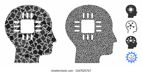 Brain processor composition of humpy elements in various sizes and color tinges, based on brain processor icon. Vector humpy elements are organized into collage.