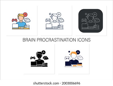 Brain procrastination icons set.Tired person. Need breaks.Too many tasks. Overload concept. Collection of icons in linear, filled, color styles.Isolated vector illustrations