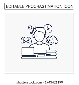 Brain procrastination line icon.Tired person. Need breaks.Too many tasks. Overload concept. Isolated vector illustration.Editable stroke