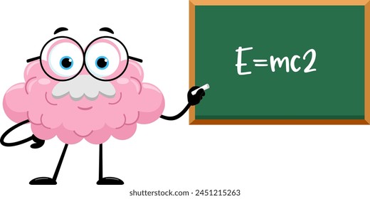 Brain Professor Cartoon Character In Front Of Chalkboard With Formula. Vector Illustration Flat Design Isolated On Transparent Background